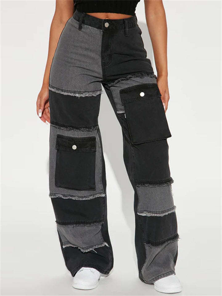 Casual Pockets Contrast Color Patchwork Straight Jeans for Women