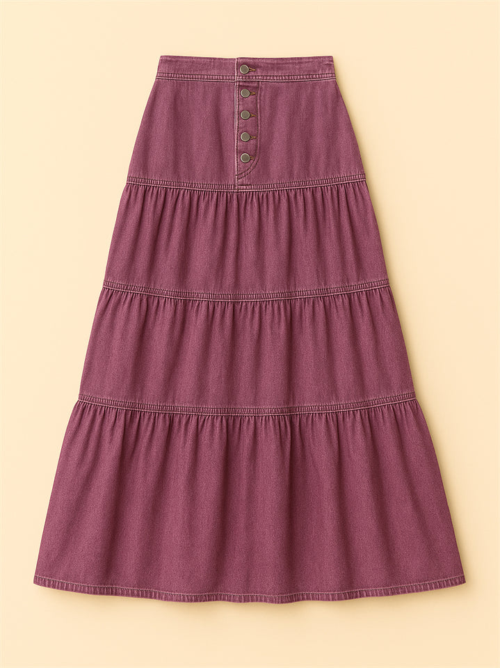 Women Bohemian Style A-line Button Front Denim Tiered Skirt