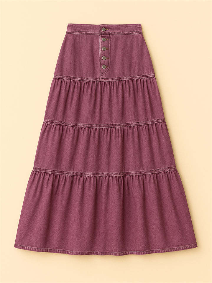Women Bohemian Style A-line Button Front Denim Tiered Skirt