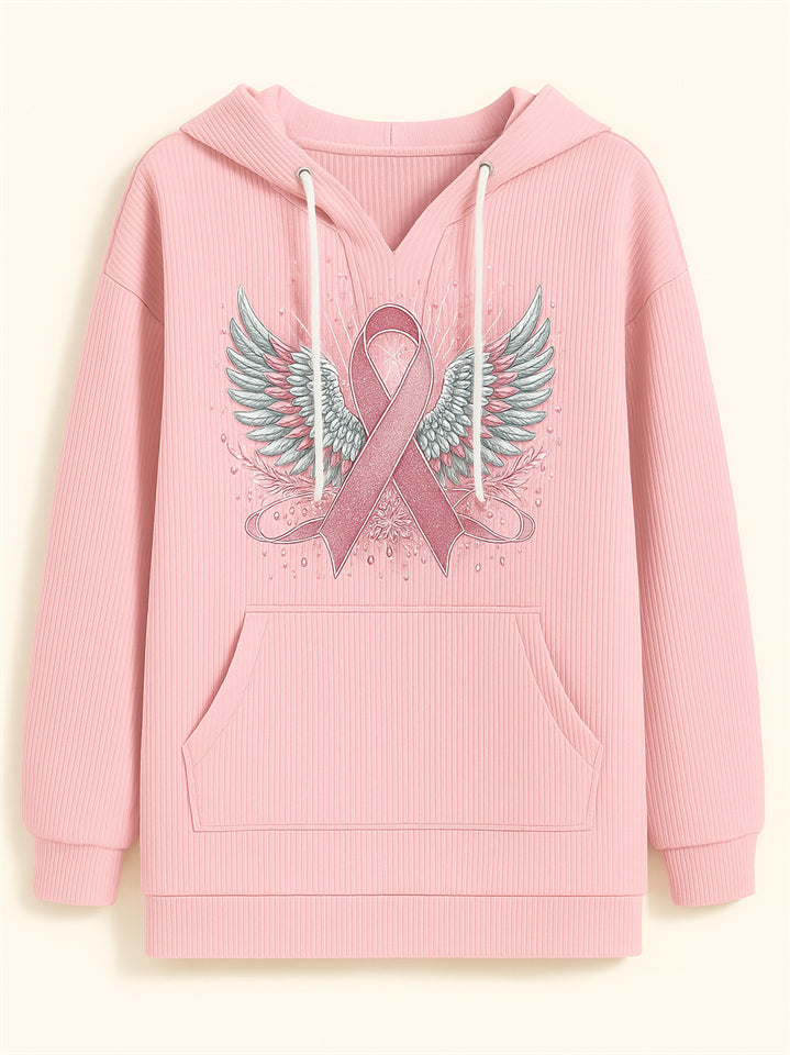 Female's Wings& Ribbon Print Long-sleeved Kangaroo Pocket Hoodies