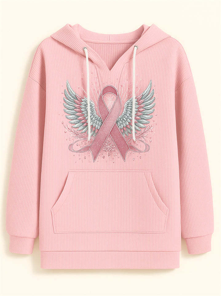 Female's Wings& Ribbon Print Long-sleeved Kangaroo Pocket Hoodies