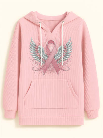 Female's Wings& Ribbon Print Long-sleeved Kangaroo Pocket Hoodies