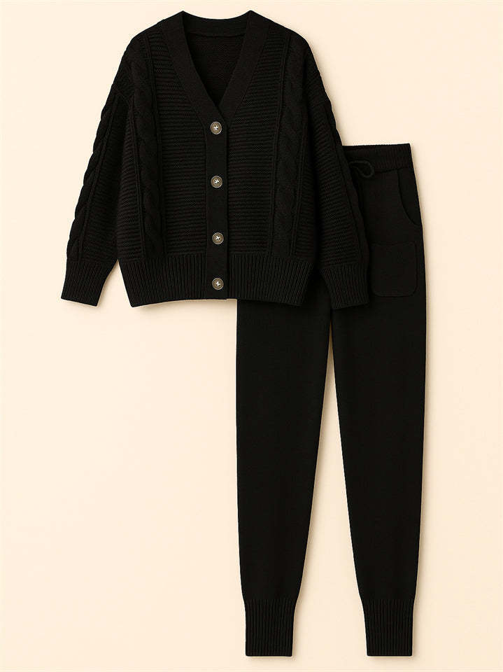 Women's Simple V-Neck Solid Color Pit Stripe Button Up Sweater Outfits