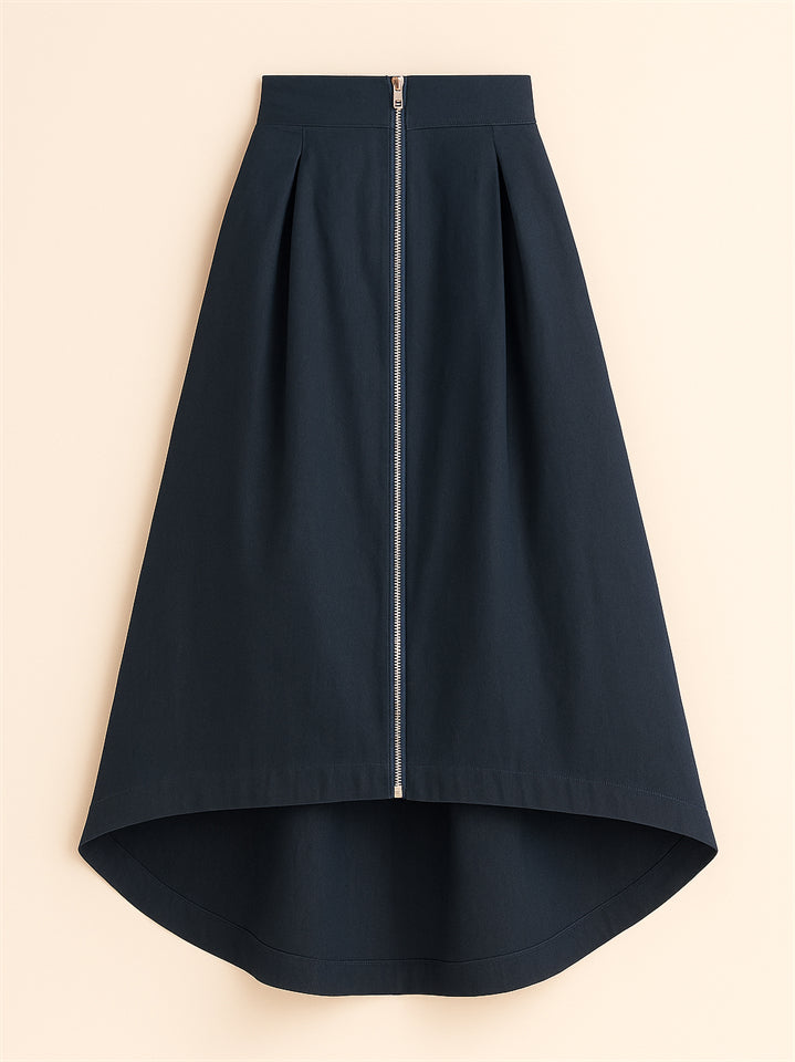 Women's Trendy Solid Color Pockets Zip Up High Waist Asymmetric Hem Skirts