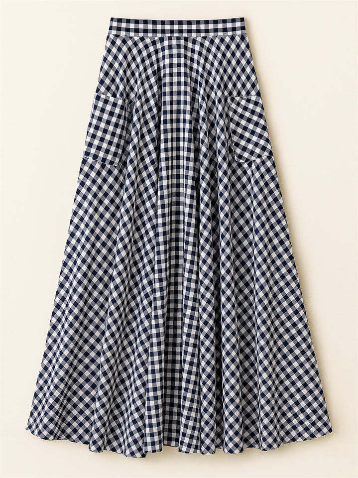 Women's High Waist Vintage Plaid Drape Big Hem Skirts
