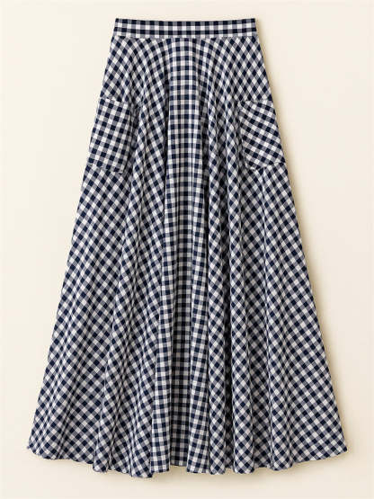 Women's High Waist Vintage Plaid Drape Big Hem Skirts