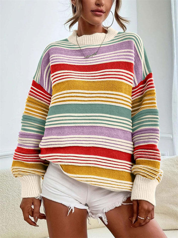 Women's Autumn Rainbow Color Striped Round Neck Sweaters