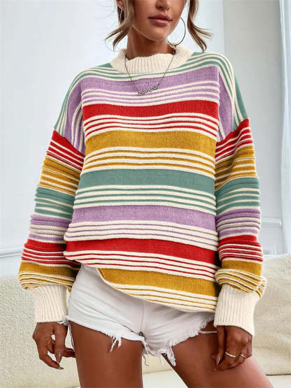 Women's Autumn Rainbow Color Striped Round Neck Sweaters