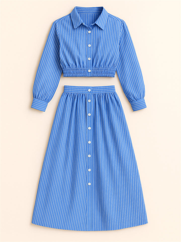 Summer Blue Striped Button Up Long Sleeve Cropped Top & Skirt Set