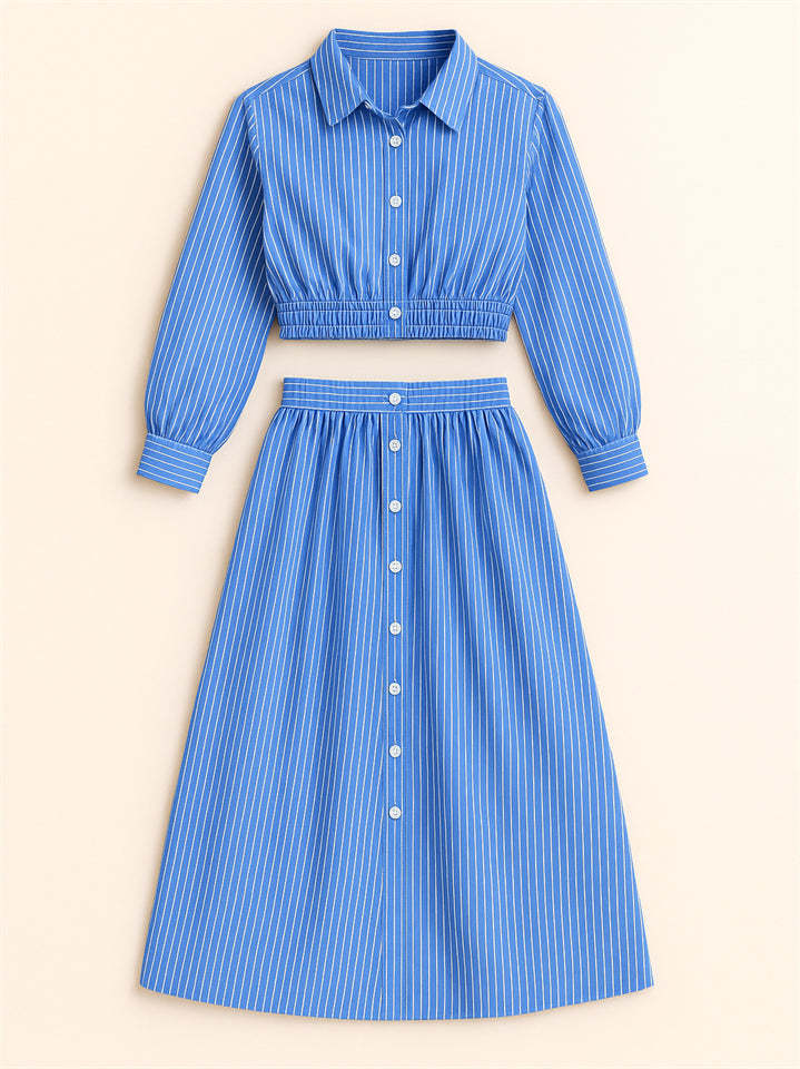 Summer Blue Striped Button Up Long Sleeve Cropped Top & Skirt Set