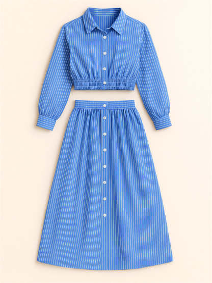 Summer Blue Striped Button Up Long Sleeve Cropped Top & Skirt Set