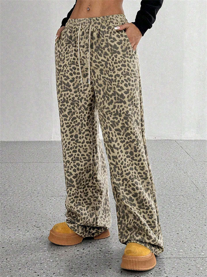 Women's Classic Street Style Leopard Printed Drawstring Wide-leg Pants