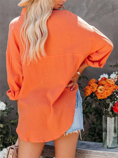 Women's Caual Candy Color Texture Button Up Long Sleeve Blouse