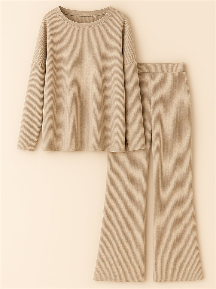 Women's 2Pcs Simple Comfy Solid Color Drop Shoulder Round Neck Outfit