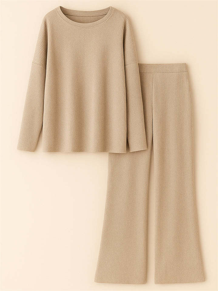 Women's 2Pcs Simple Comfy Solid Color Drop Shoulder Round Neck Outfit