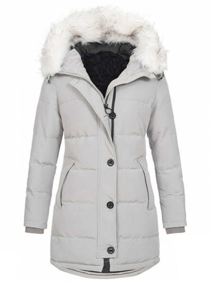 Women's Winter Solid Color Mid-Length Padded Coat with Faux Fur Hood