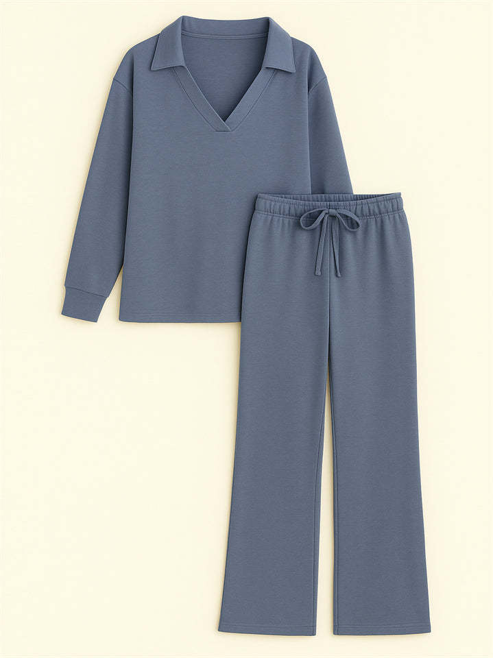 Women's 2Pcs Autumn Casual Solid Color  V Neck Lapel Long Sleeve Outfit