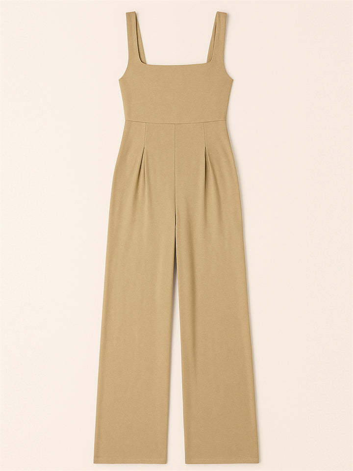 Ladies' Square Neck Solid Color Sleeveless Wide Leg Jumpsuit