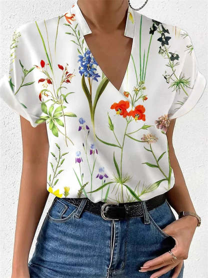 Women's Summer Floral Printed Stand Collar V Neck Short Sleeve Shirts
