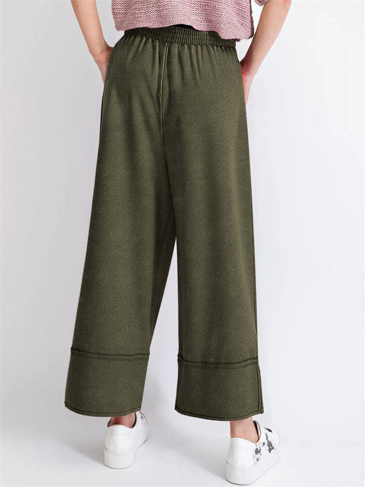 Women's Distressed Solid Color Pockets Elastic Waist Wide Leg Pants