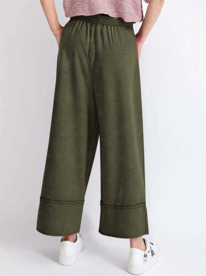 Women's Distressed Solid Color Pockets Elastic Waist Wide Leg Pants