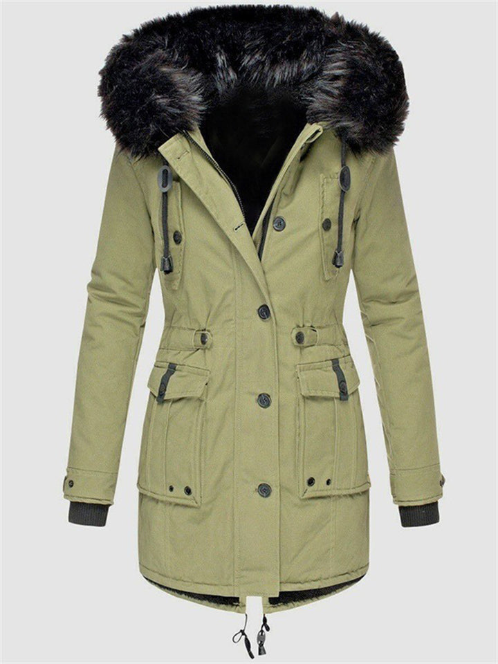 Women's Winter Warm Fleeced Parka Coat with Faux Fur Hood