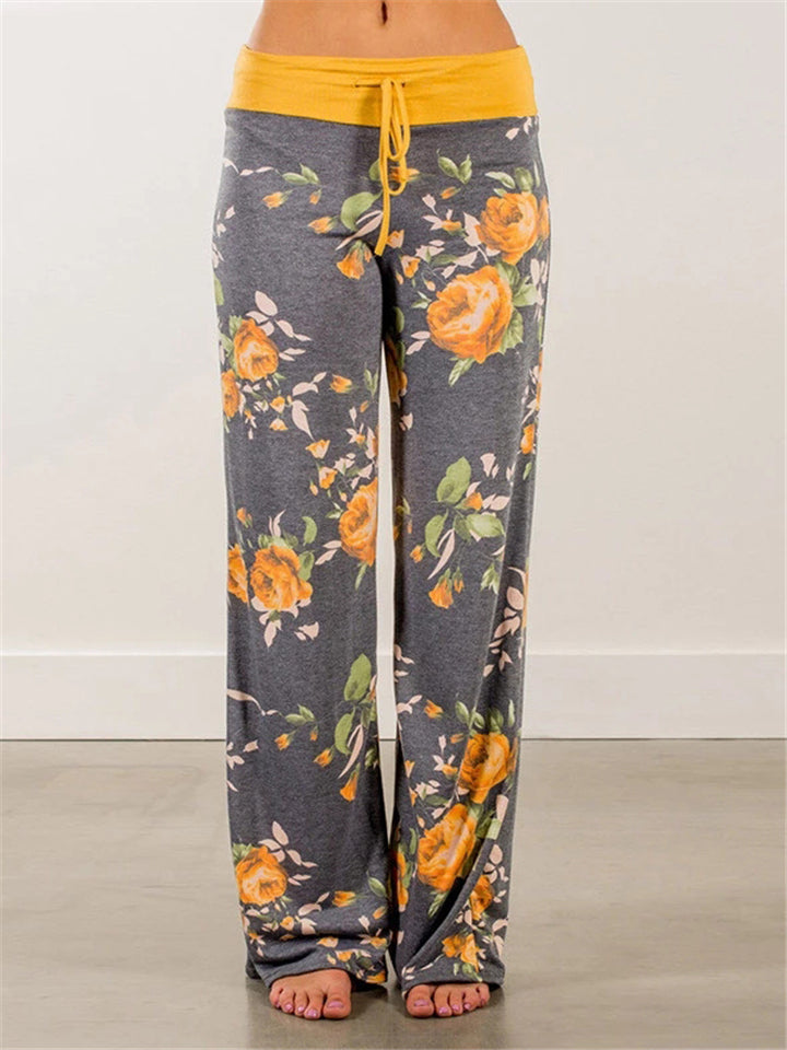 Women's Casual Floral Printed Drawstring Wide-Leg Pants