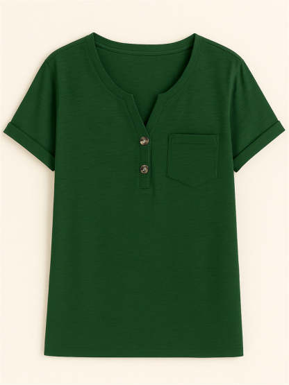 Women's Summer Casual V Neck Buttons Pullover Short Sleeve Shirts