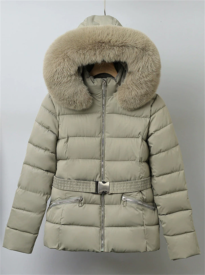 Winter Solid Color Belted Fleeced Coat with Faux Fur Collar