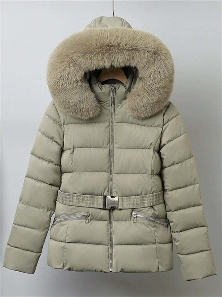 Winter Solid Color Belted Fleeced Coat with Faux Fur Collar
