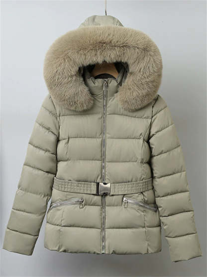 Winter Solid Color Belted Fleeced Coat with Faux Fur Collar