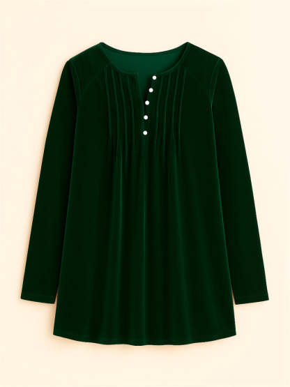 Women's Solid Color Velvet Pleated Asymmetrical Hem Long Sleeve Shirts