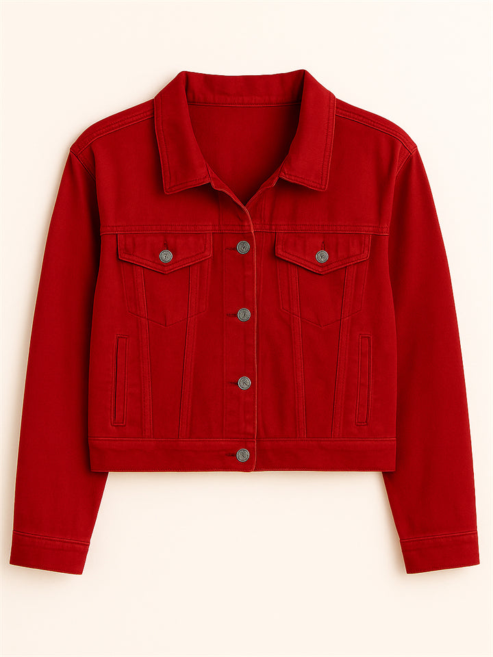 Women's Elegant Chest Pocket Candy Color Lapel Short Denim Jackets