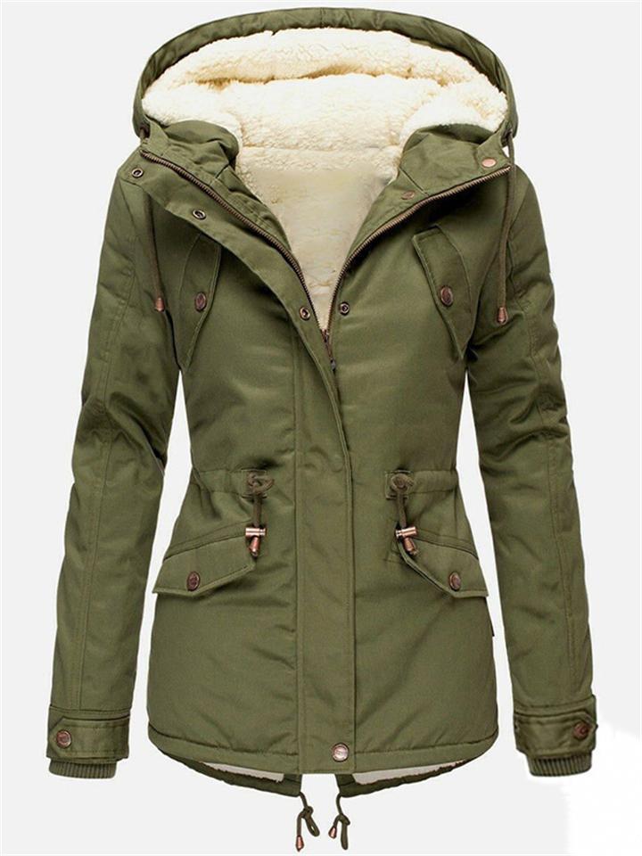 Women's Warm Comfy Faux Fur Lining Drawstring Waist Hooded Coat