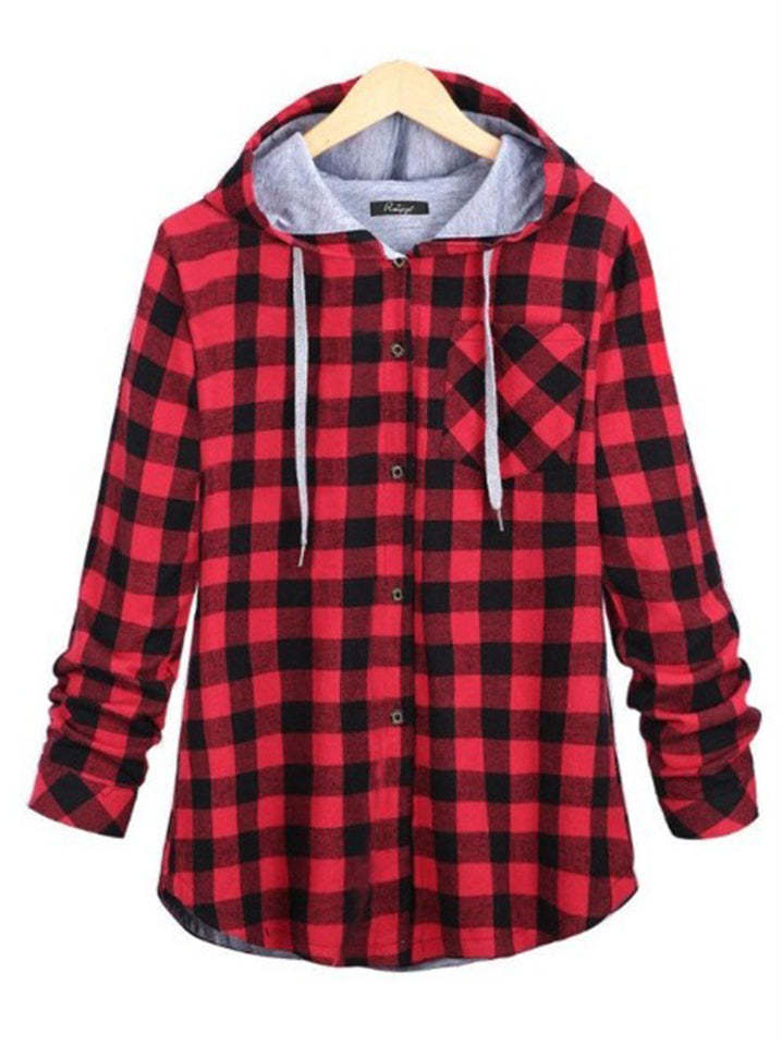 Women's Contrasting Plaid Long Sleeve Button Up Hooded Shirts