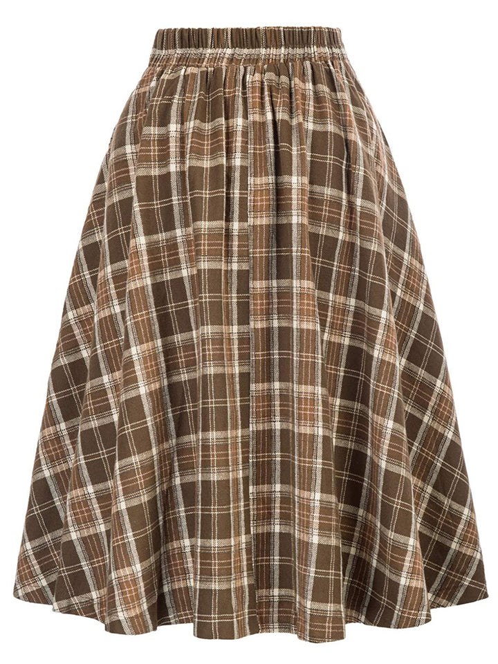 Women's Vintage Autumn High Waist Big Hem Plaid Skirts