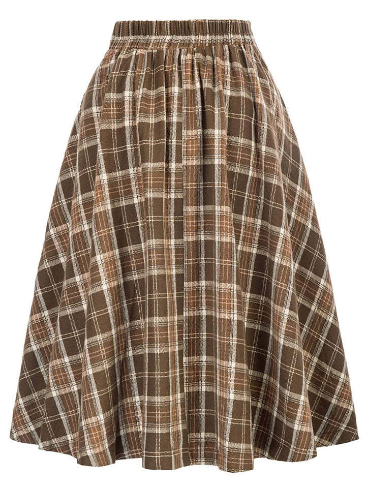 Women's Vintage Autumn High Waist Big Hem Plaid Skirts