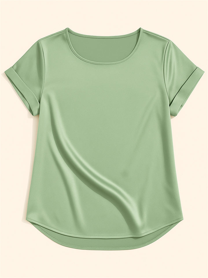Female's Summer Simple Solid Color Round Neck Short Sleeve Satin Shirts