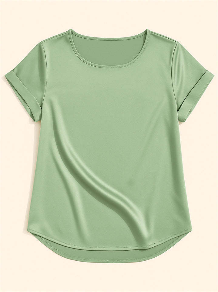 Female's Summer Simple Solid Color Round Neck Short Sleeve Satin Shirts