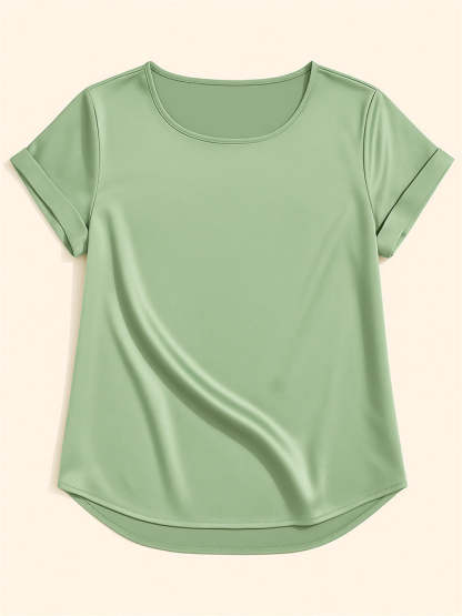 Female's Summer Simple Solid Color Round Neck Short Sleeve Satin Shirts