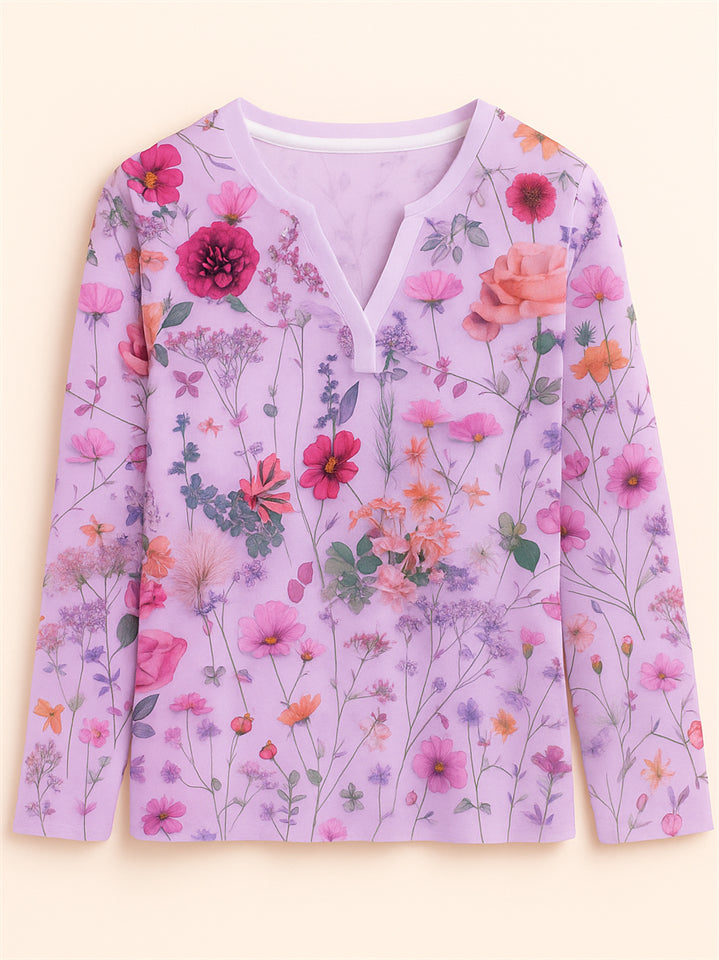 Women's Floral Print V-neck Pullover Long Sleeve Shirts