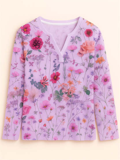 Women's Floral Print V-neck Pullover Long Sleeve Shirts