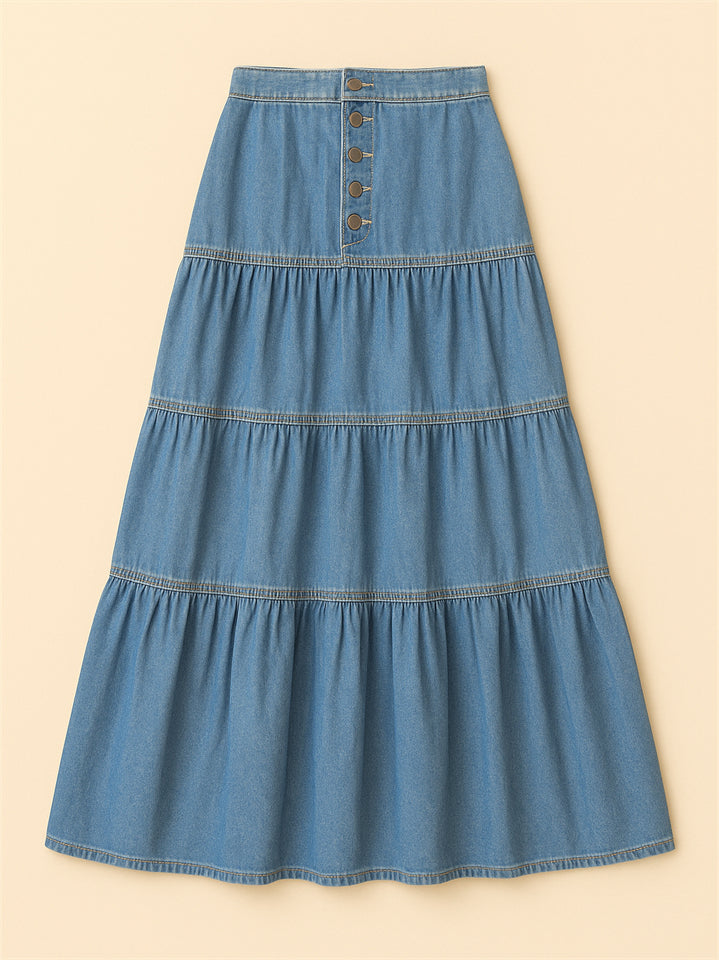Women Bohemian Style A-line Button Front Denim Tiered Skirt