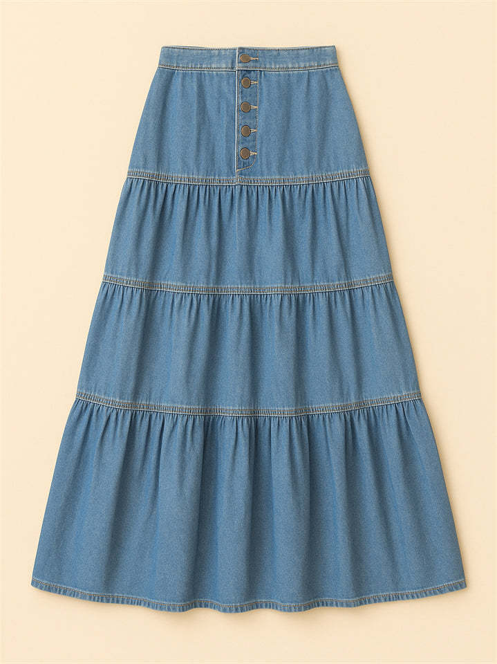 Women Bohemian Style A-line Button Front Denim Tiered Skirt