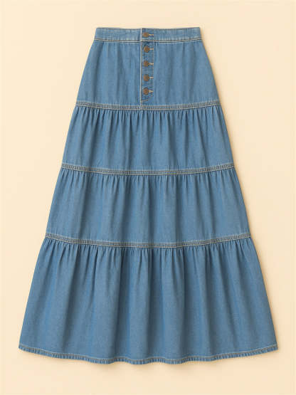 Women Bohemian Style A-line Button Front Denim Tiered Skirt