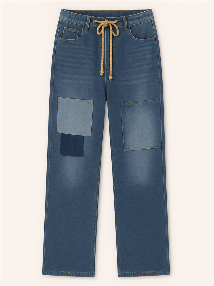 Women's Trendy Knee Patch High Waist Lace Up Staight Jeans