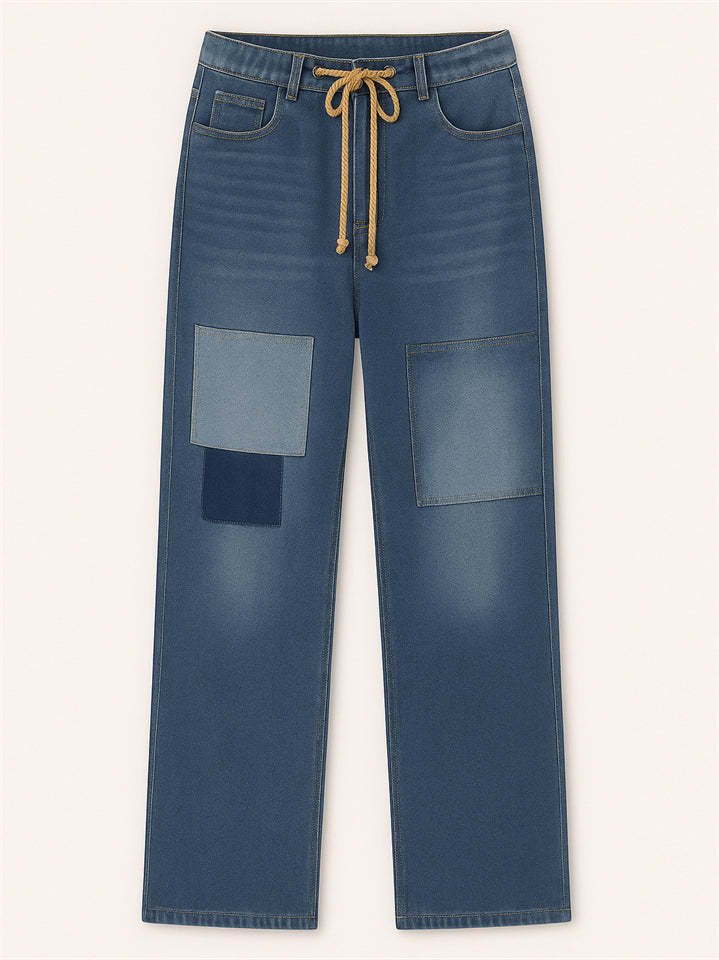 Women's Trendy Knee Patch High Waist Lace Up Staight Jeans