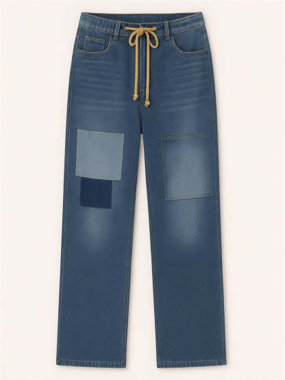 Women's Trendy Knee Patch High Waist Lace Up Staight Jeans