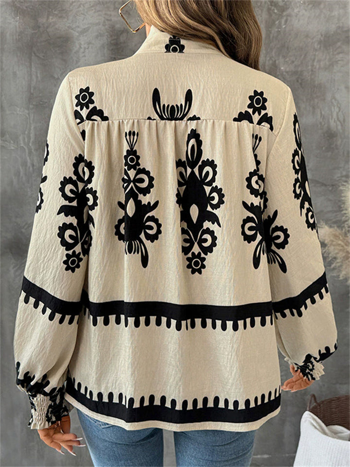 Ladies' Vintage Ethnic Style Printed Stand Collar Long Sleeve Blouses