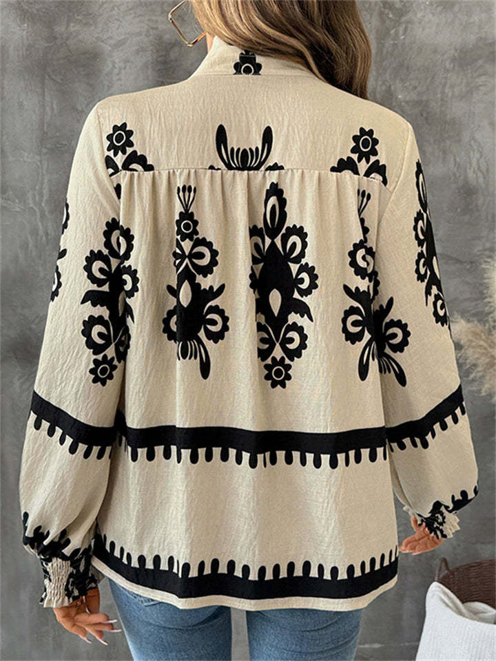 Ladies' Vintage Ethnic Style Printed Stand Collar Long Sleeve Blouses